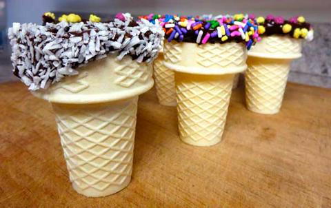 Ice cream cones with vegan chocolate and sprinkles