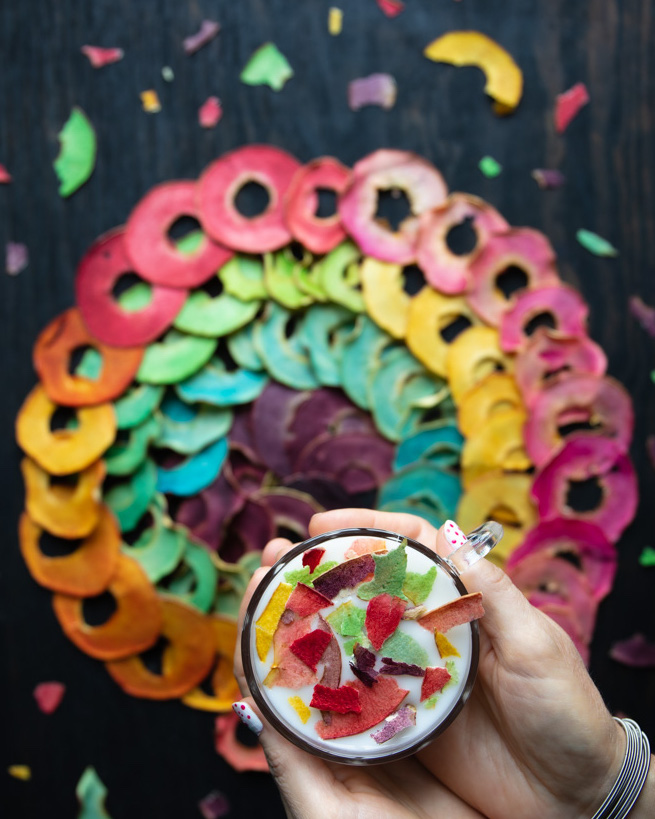 vegan yogurt with rainbow colored dried apples sprinkled on top