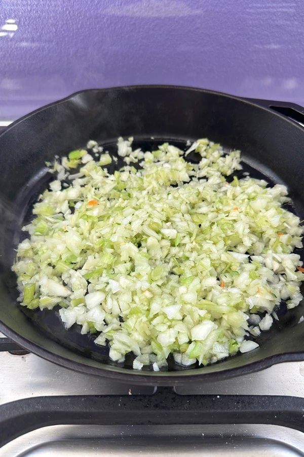 sautéing onion and celery for the millet tots