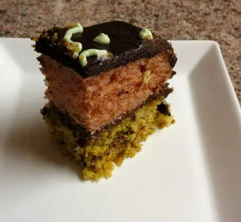 slice of vegan pistachio rose cake