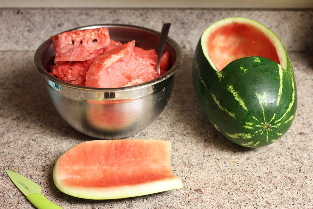Step 2 of carving a watermelon pig