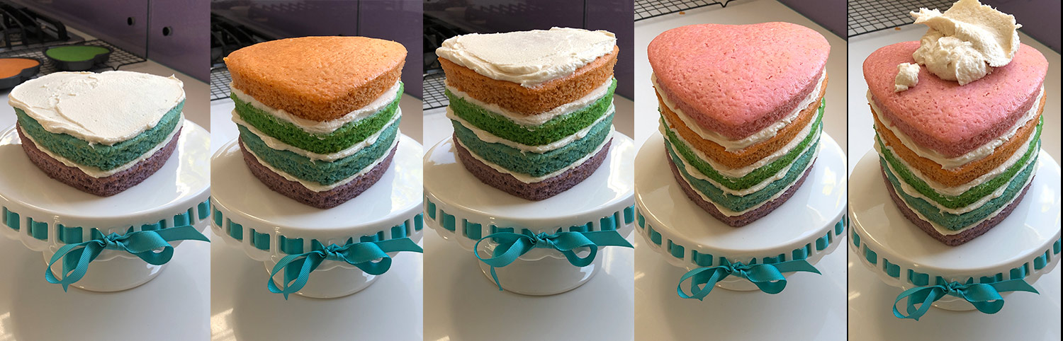 step-by-step of layering and assembling the vegan rainbow cake