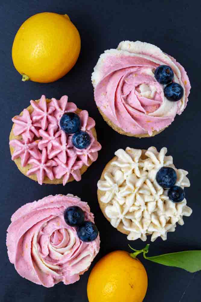 vegan cupcakes with lemon and hibiscus frosting swirled