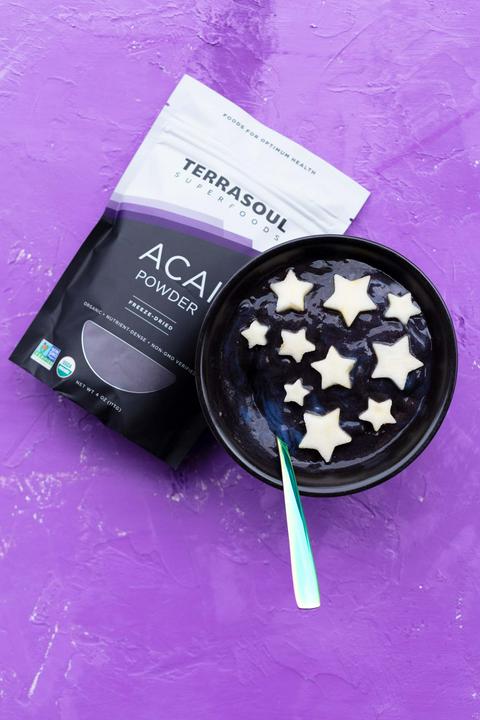 galaxy smoothie bowl next to a package of terrasoul acai