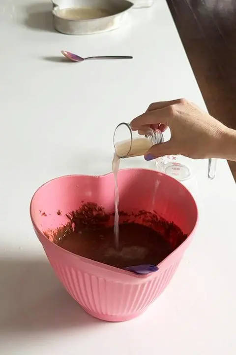 Adding lemon juice to the vegan chocolate cake batter.