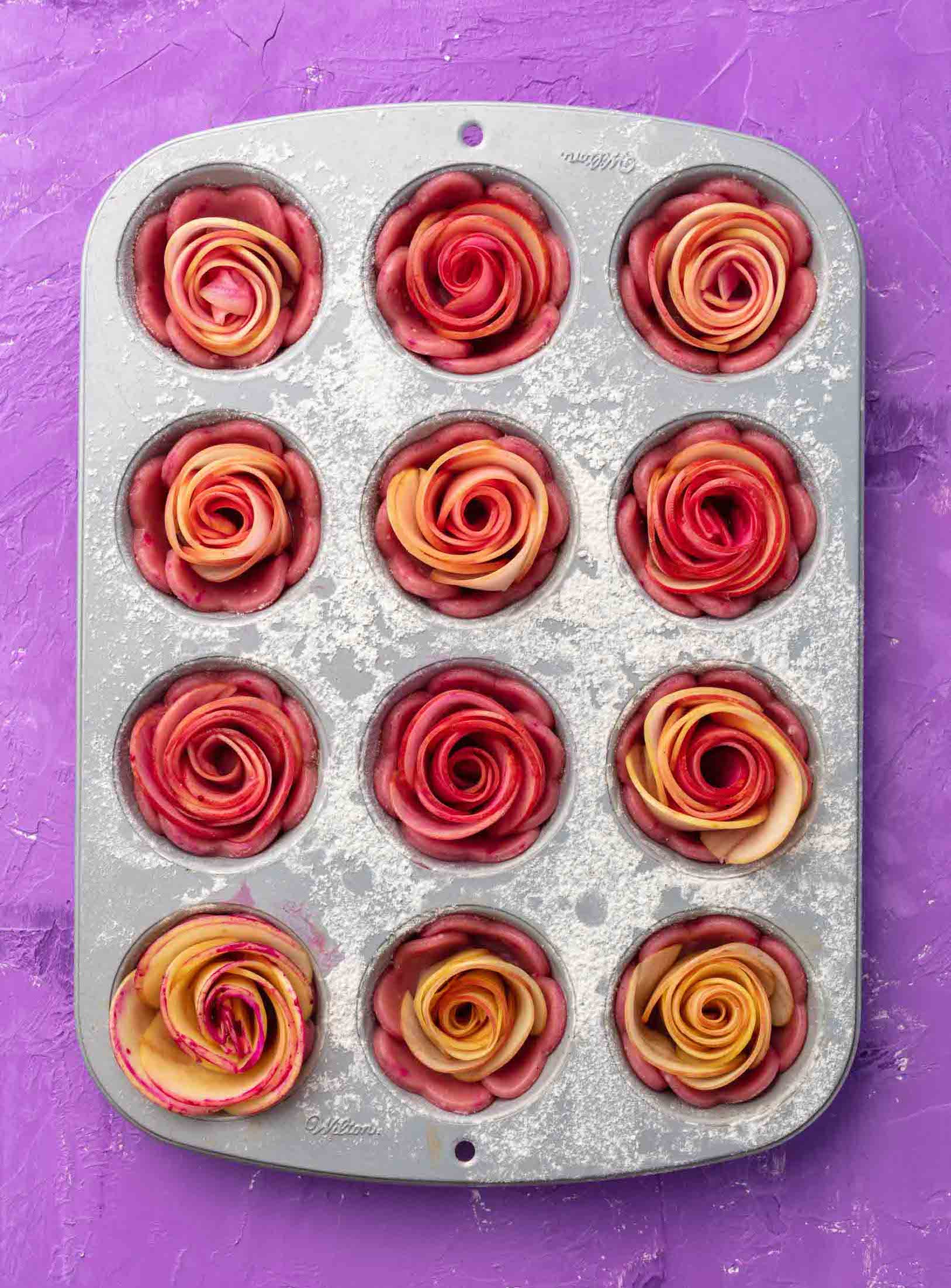 apple rose tartlets ready to go into the oven