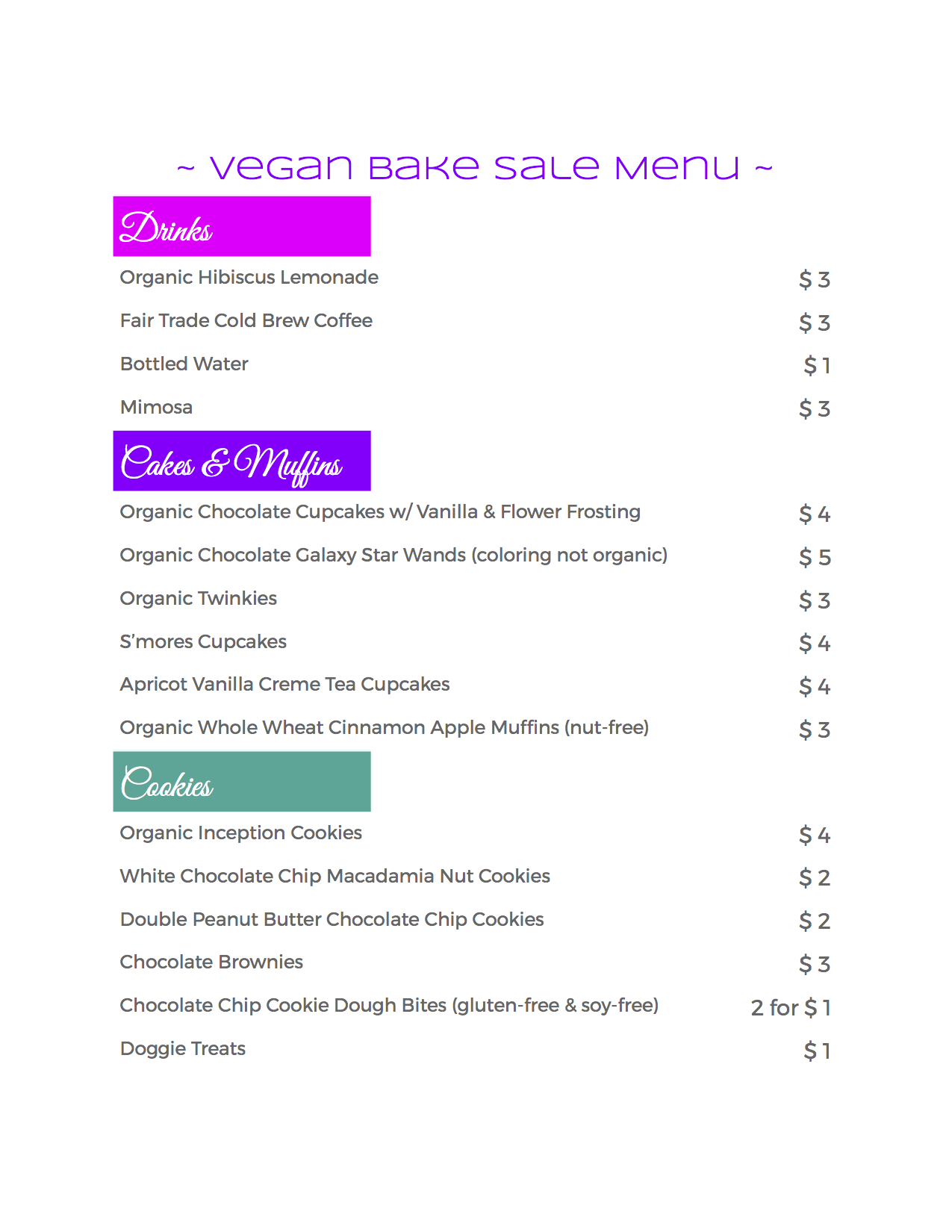 Vegan Bake Sale menu for August 13, 2017