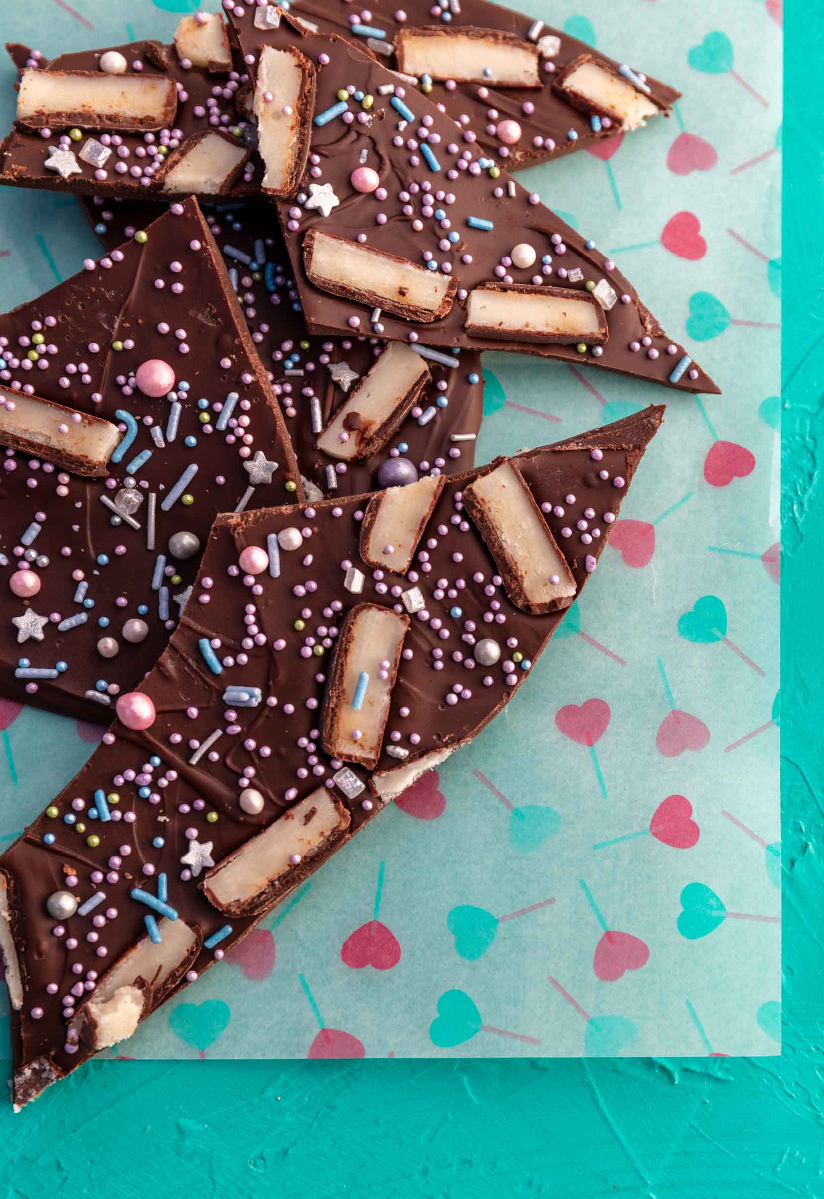 mint chocolate bark with candy and sprinkles
