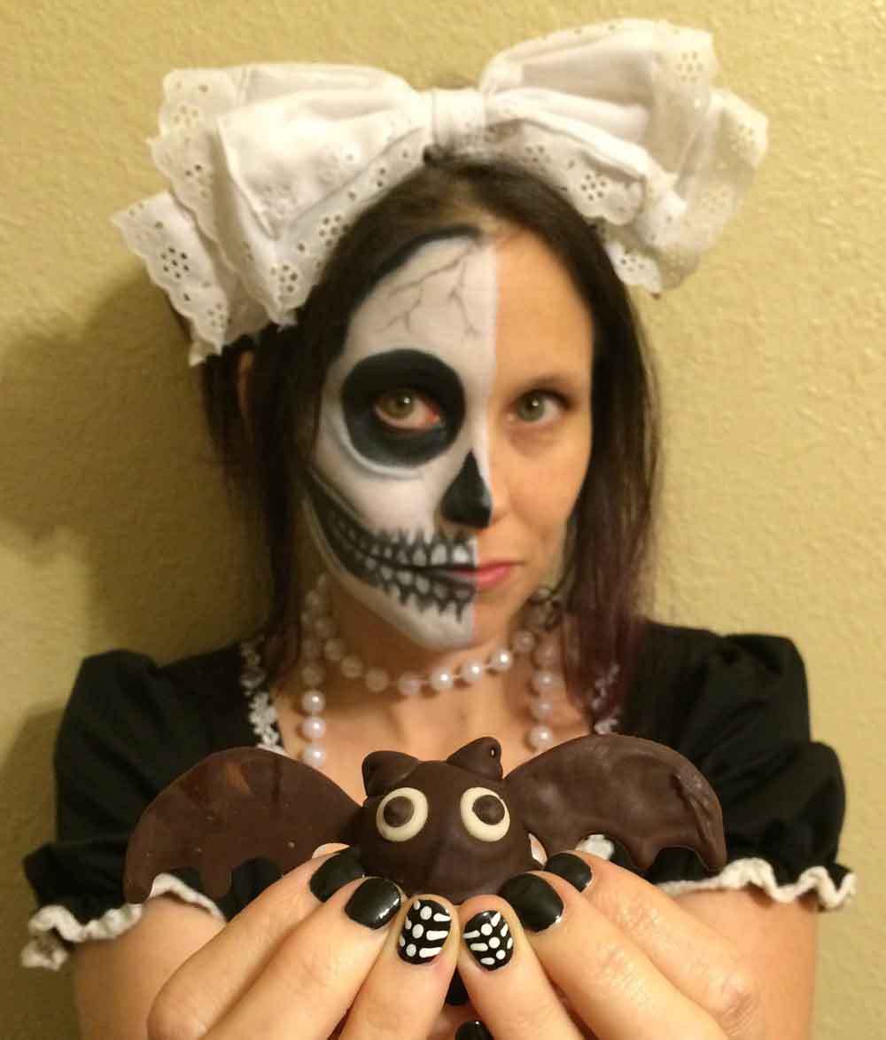 skeledoll with vegan bat truffle