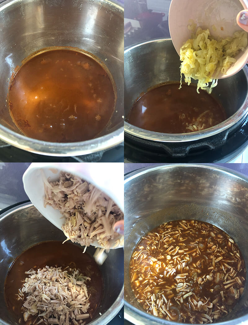 Adding the sauteéd onion and the shredded jackfruit to the consommé