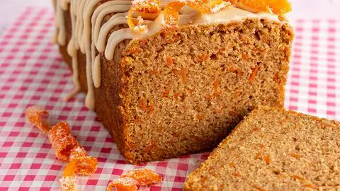 closeup of this old fashioned carrot cake loaf.