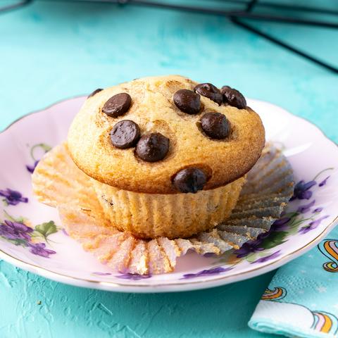 vegan chocolate chip muffin on a plate