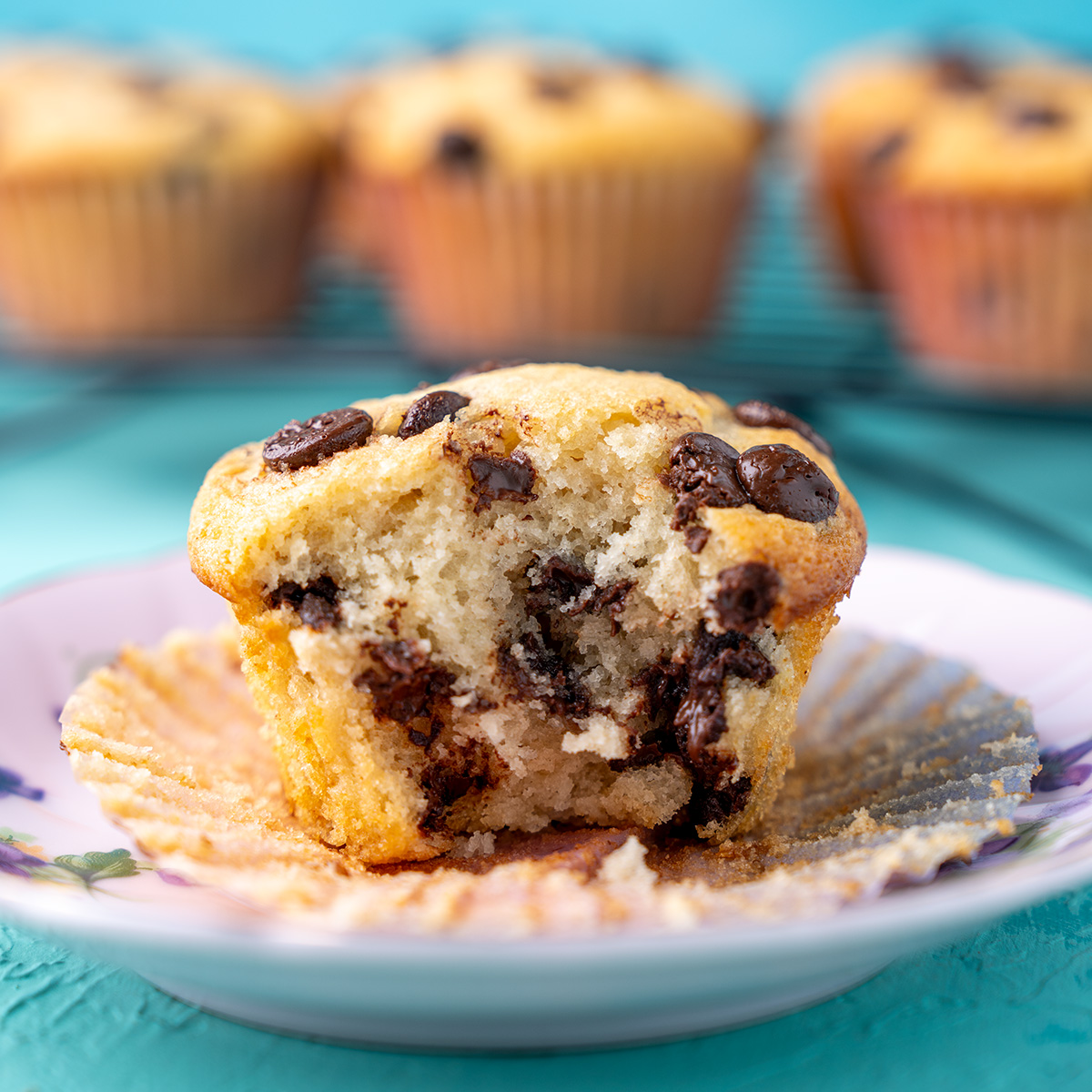 a dairy free chocolate muffin with a bite taken out