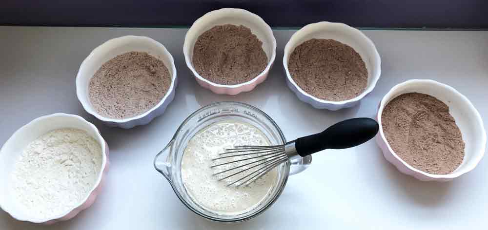 dry ingredients measured into 5 bowls