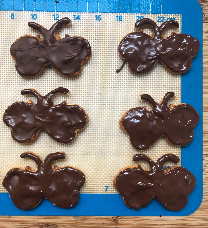 vegan peanut butter chocolate pretzels in the shape of butterflies