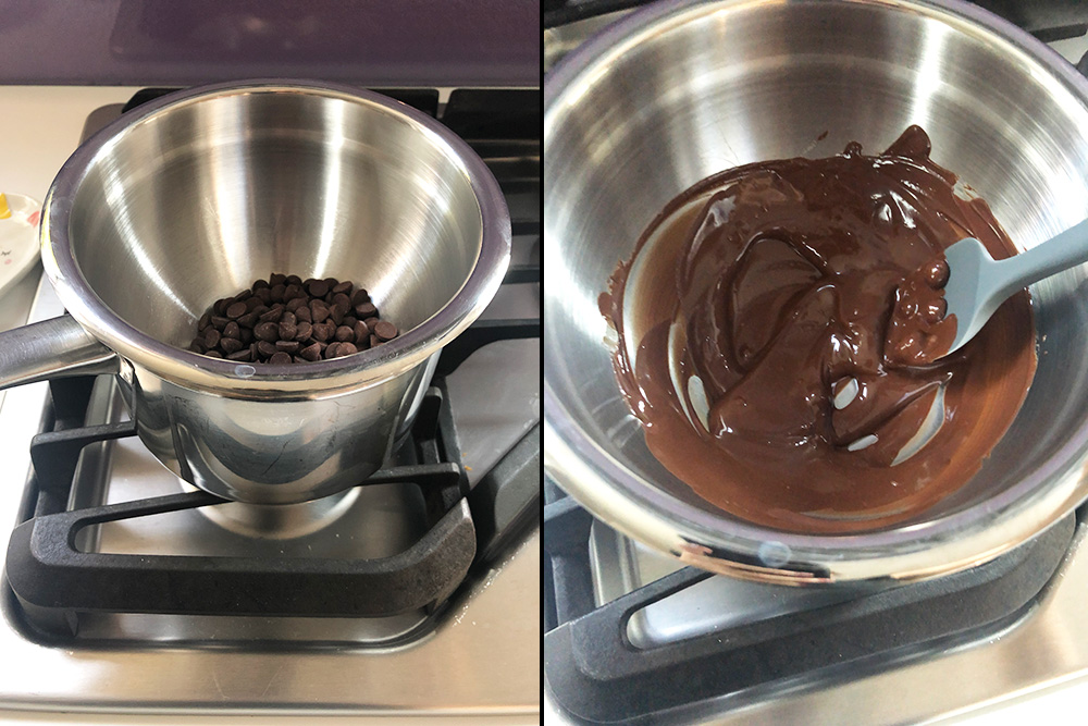 melting vegan chocolate chips using a double boiling method with a bowl inside of a saucepan