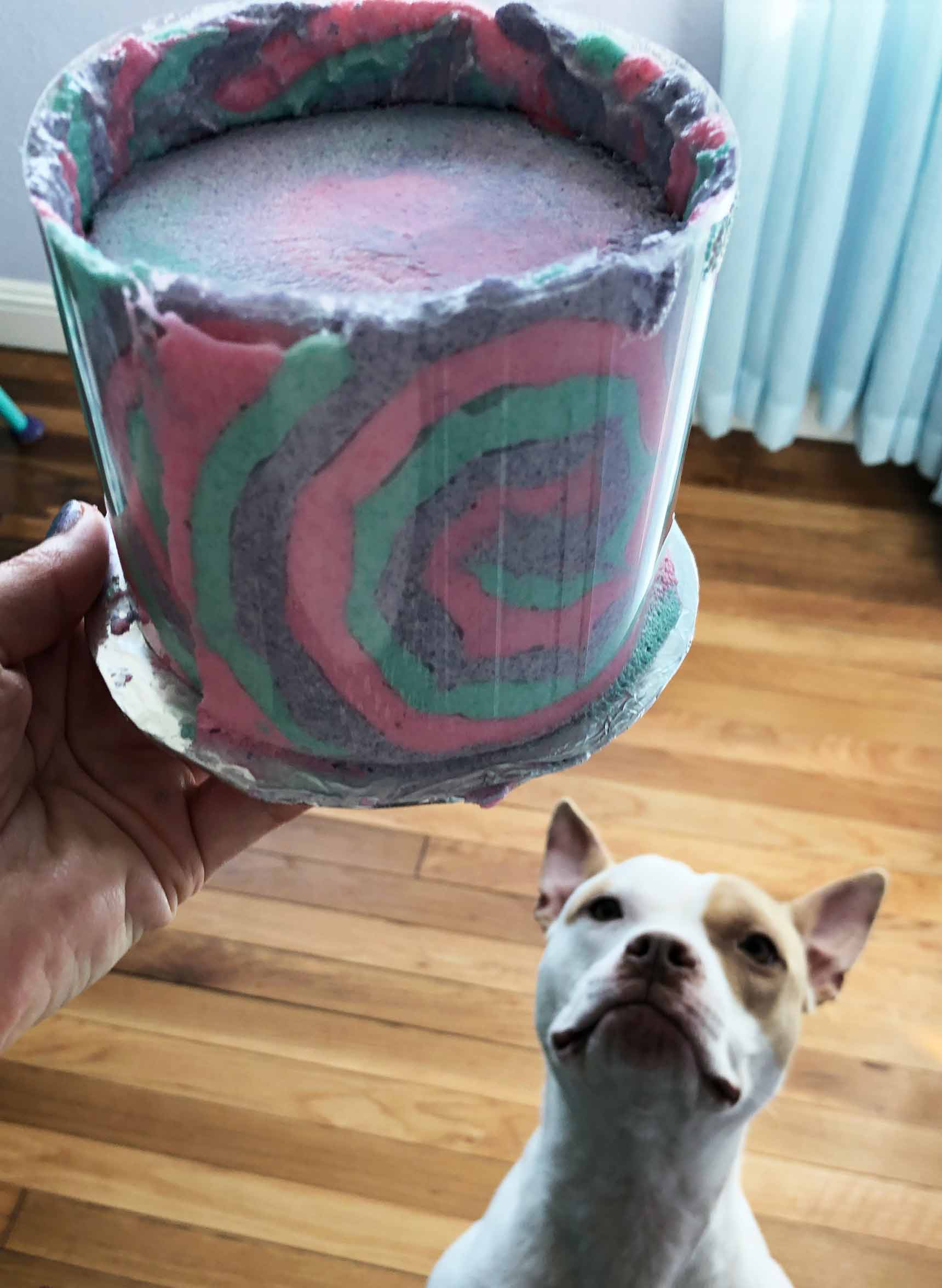 mini vegan coconut cake wrapped with a pastel swirl buttercream transfer