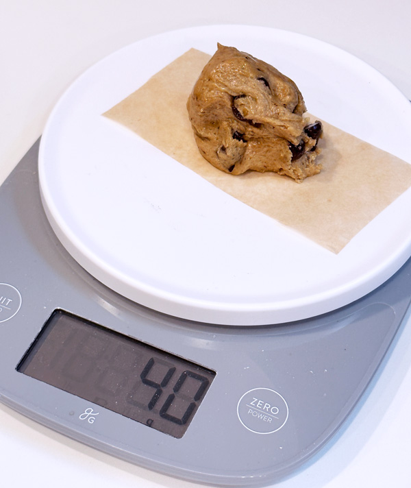 weighing the coffee cookie dough