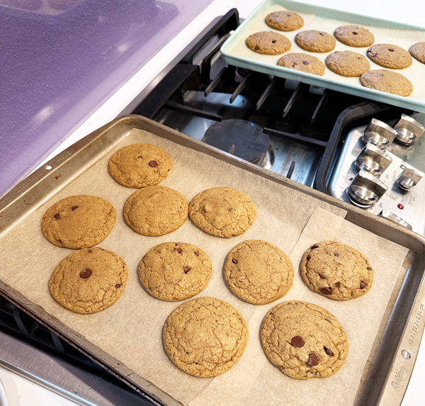 vegan coffee chocolate chip cookies fresh from the oven