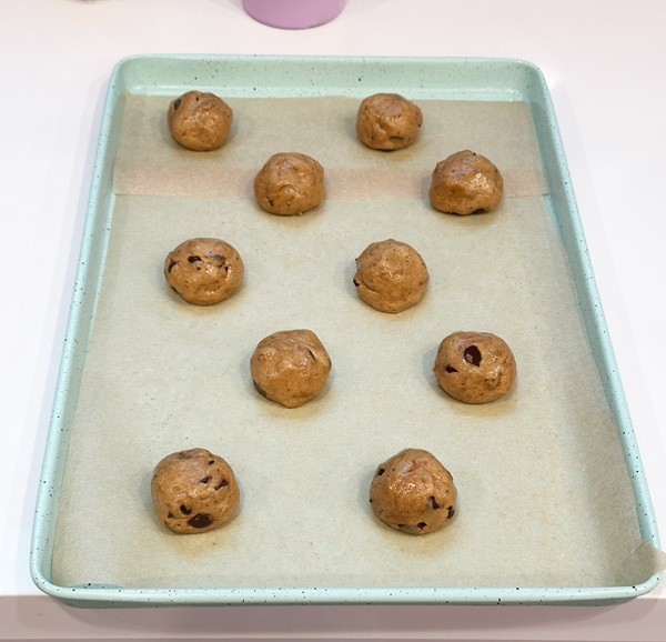 coffee cookie dough balls on the cookie sheet