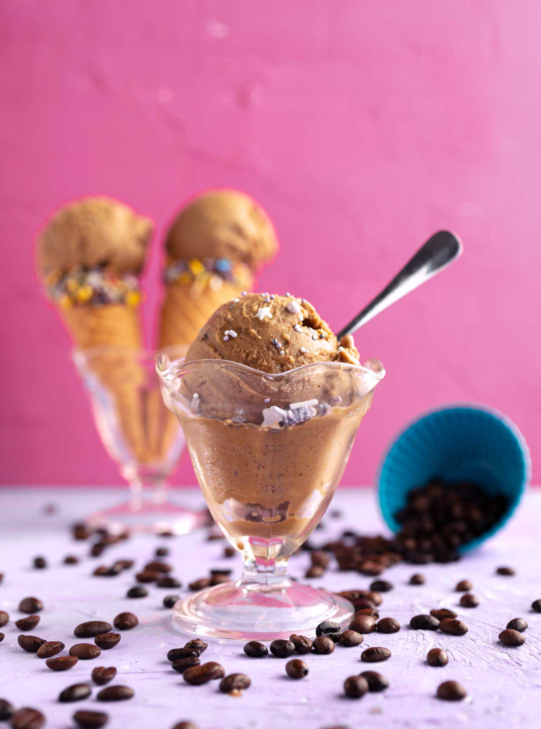 old fashioned ice cream dish with a scoop of vegan coffee ice cream