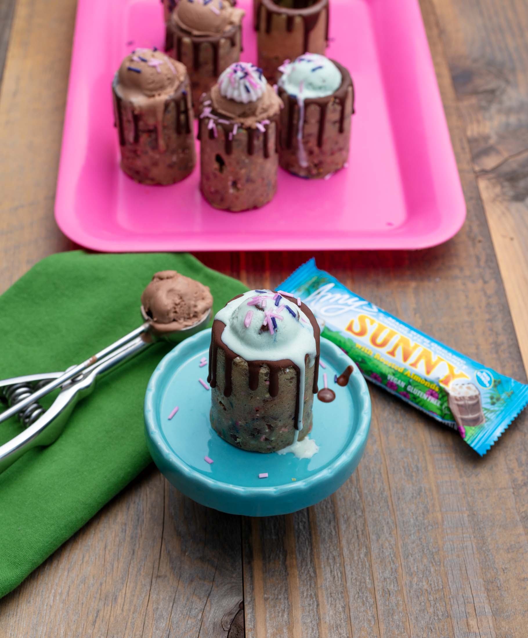 a vegan mini ice cream sundae in a cookie dough cup