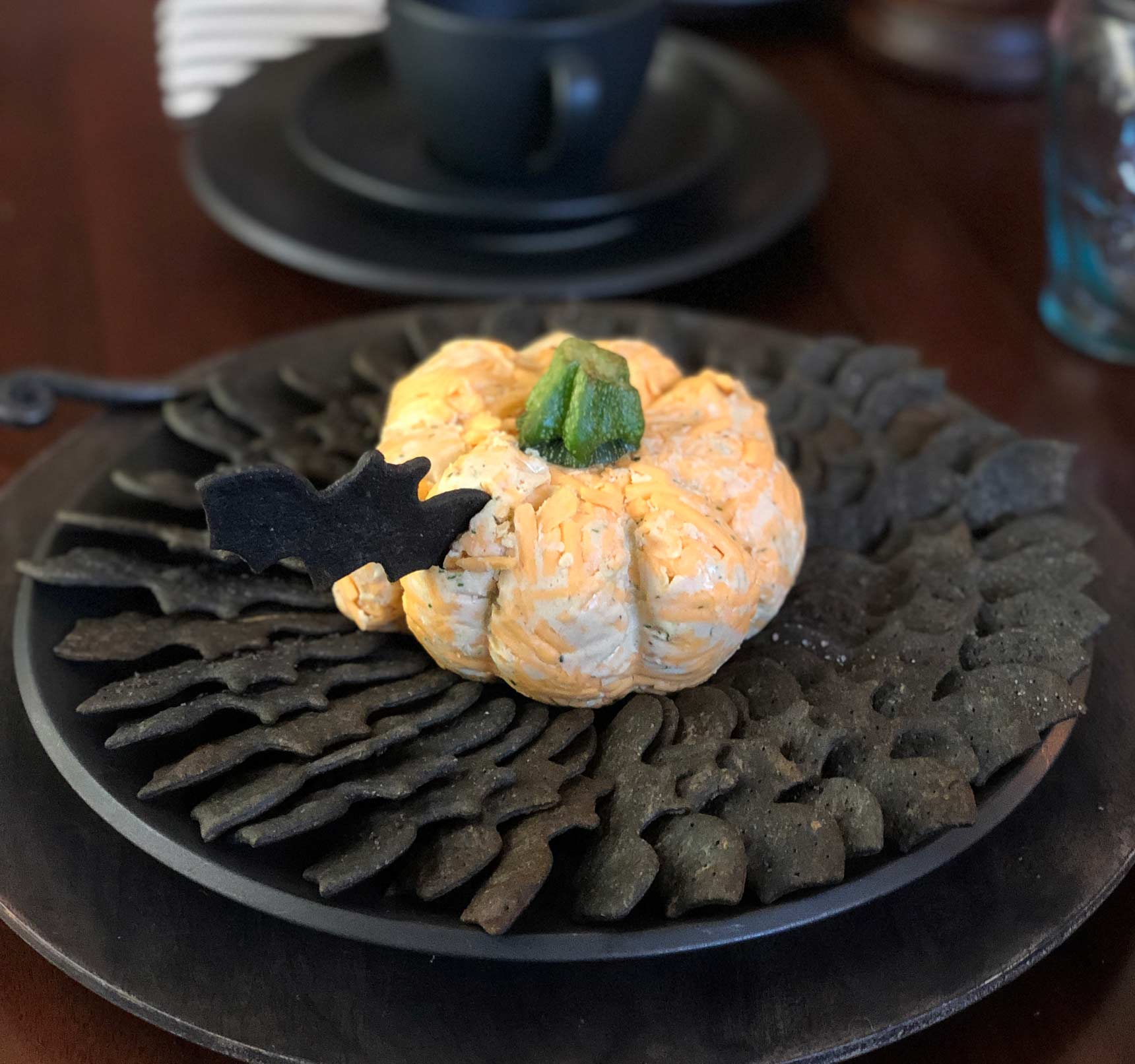 vegan bat crackers with a vegan cheese pumpkin