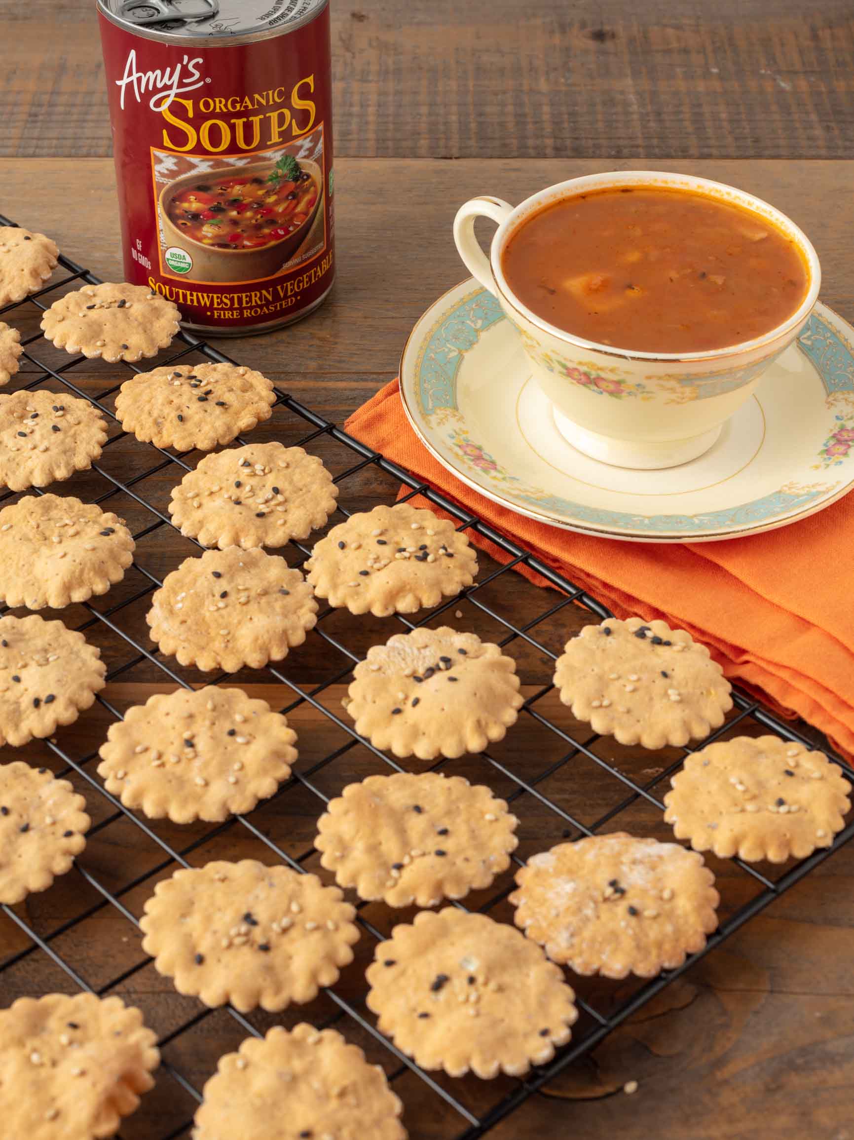 homemade crackers with a side of soup in a teacup