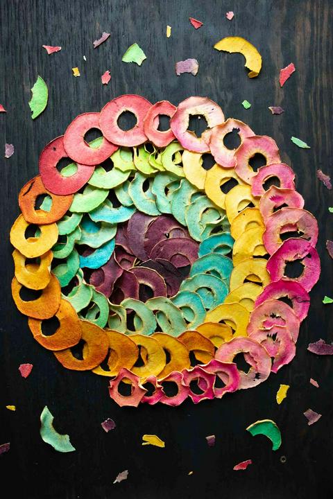 a spiral of dehydrated rainbow apple chips