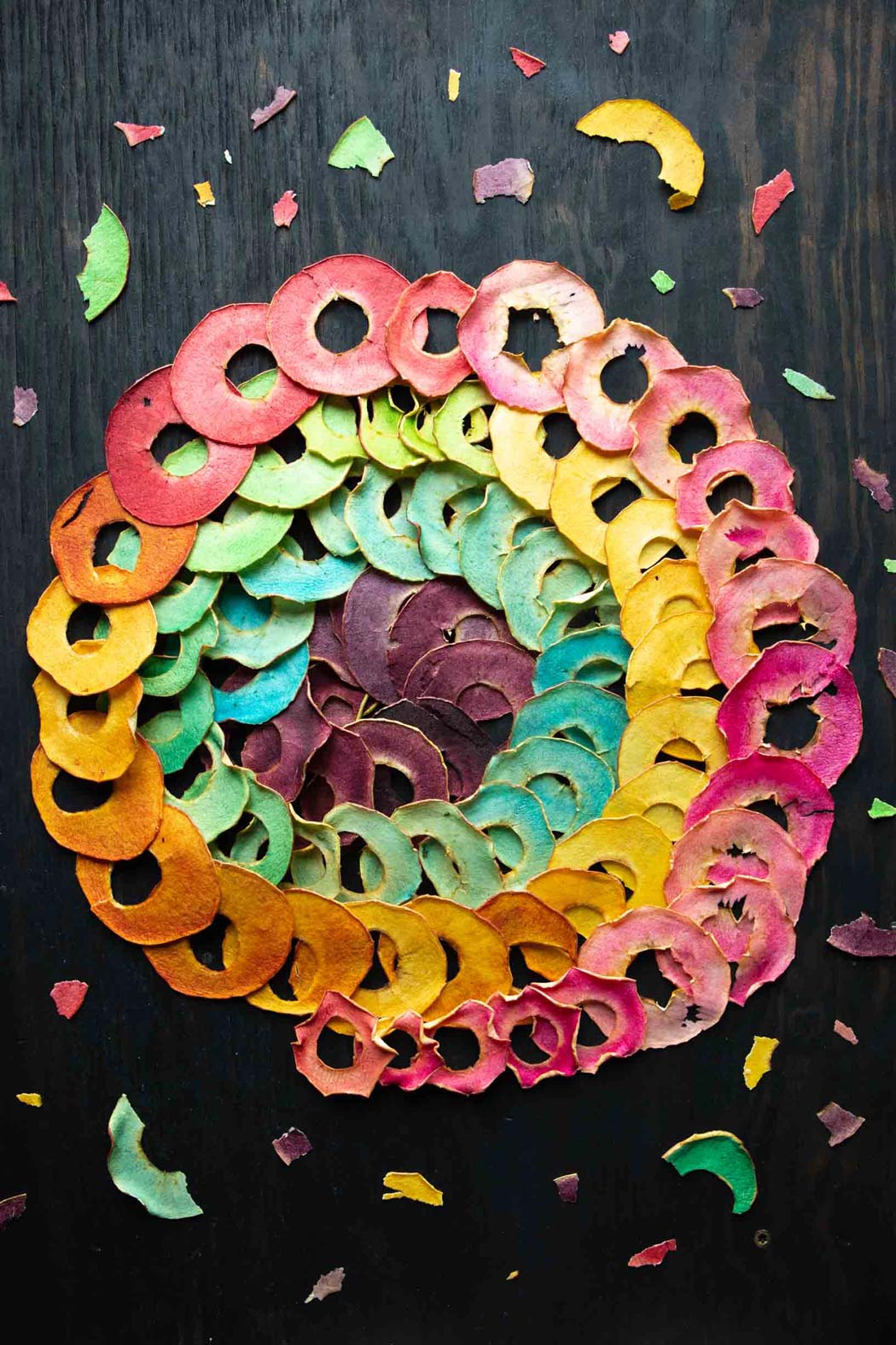 a spiral of dehydrated rainbow apple chips