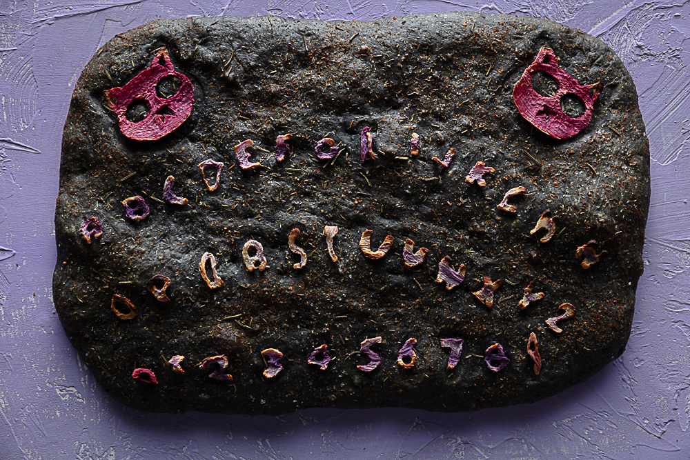 vegan focaccia bread with halloween focaccia art