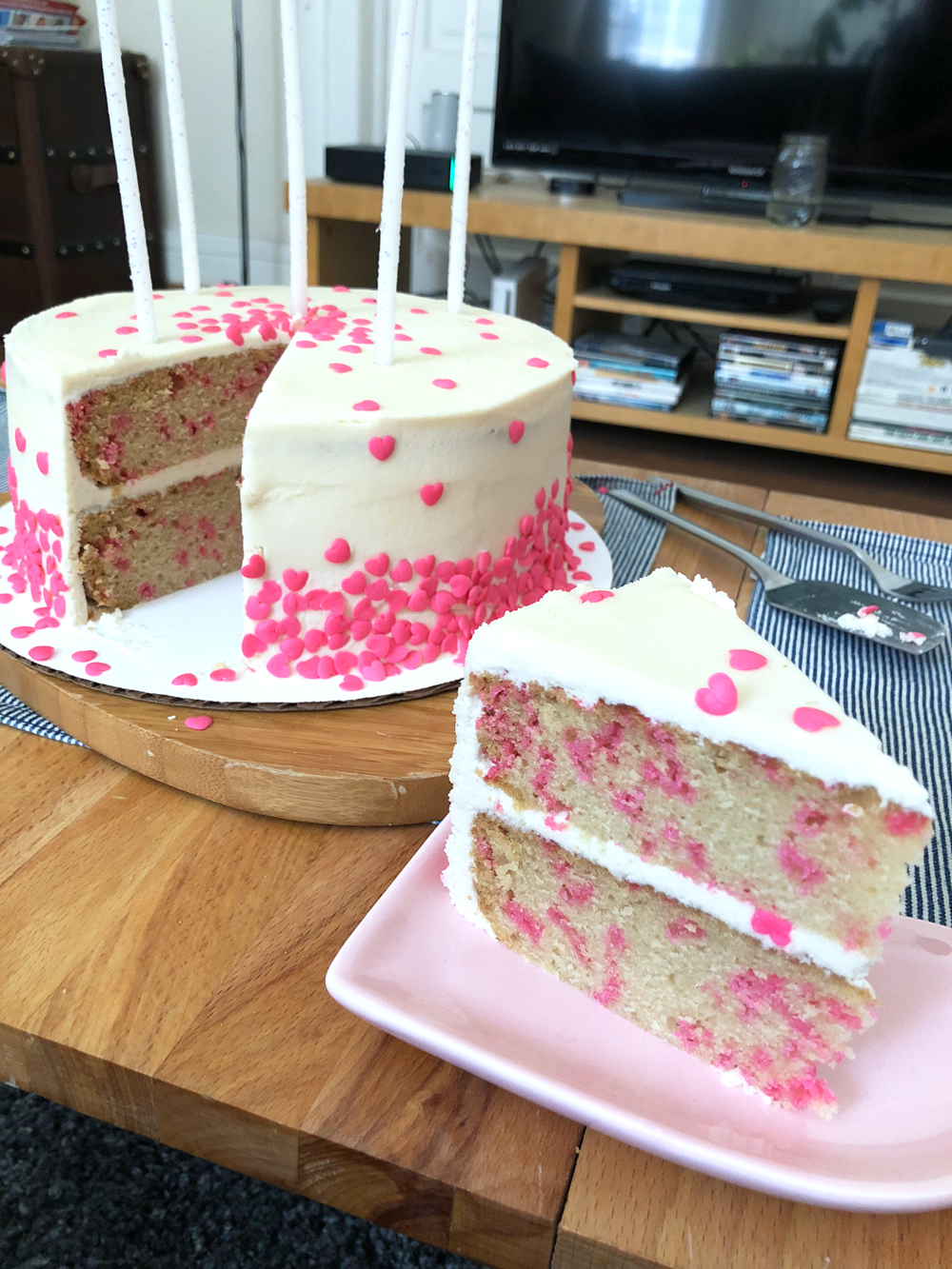 slice of vegan pink funfetti cake