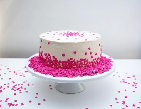 pink funfetti vegan cake with hearts