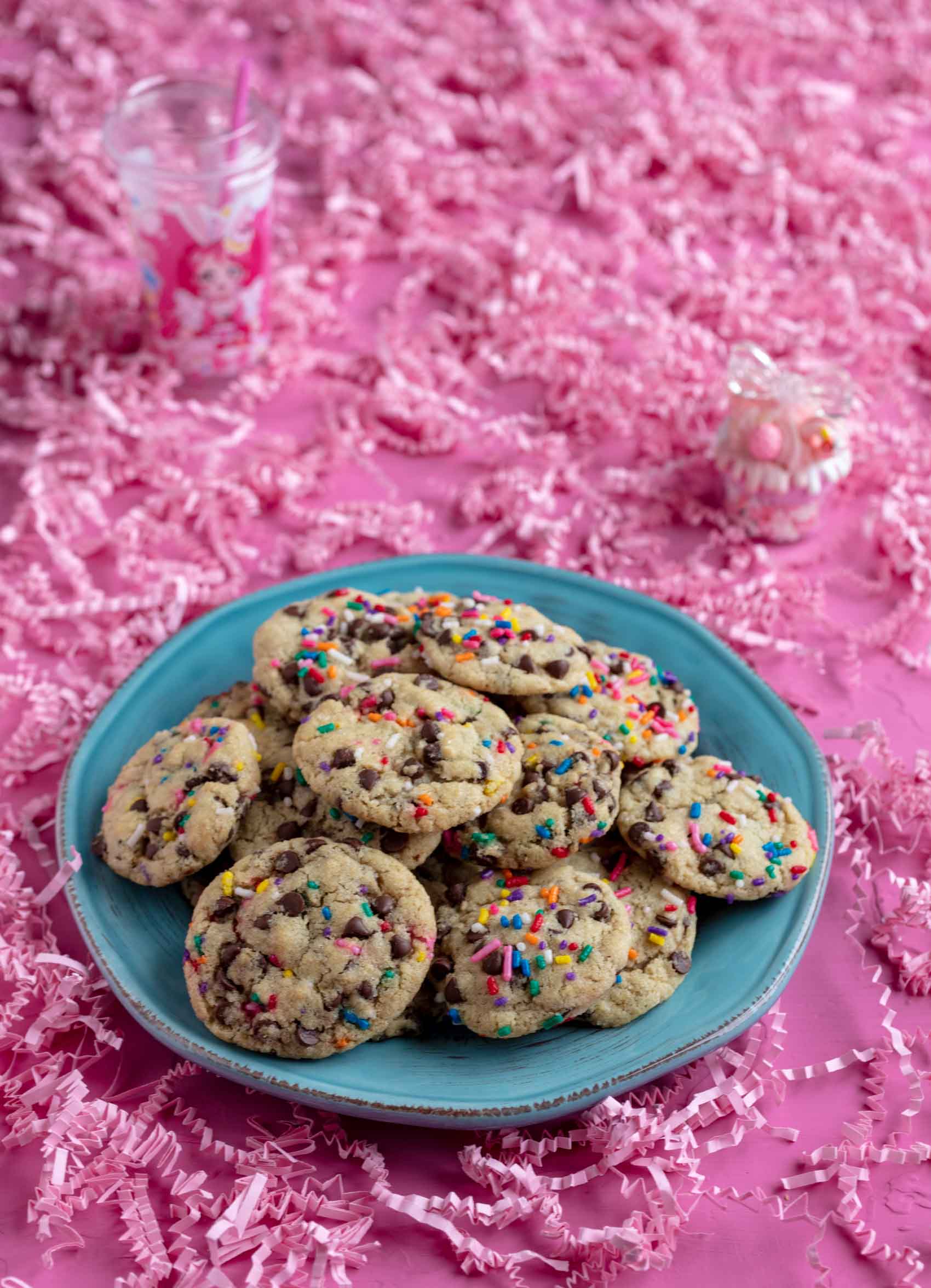 vegan chocolate chip cookies with rainbow sprinkles