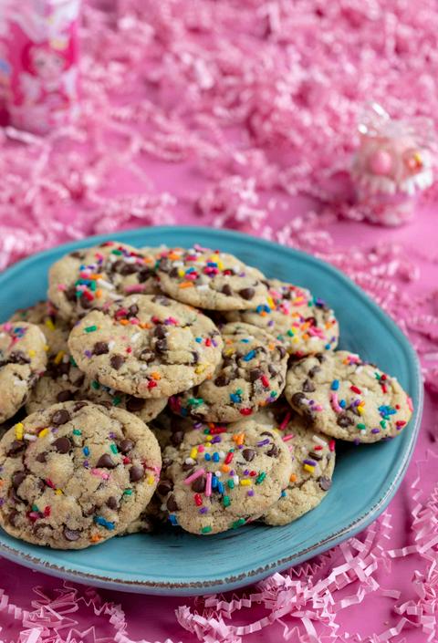 plate of vegan chocolate chip cookies with sprinkles