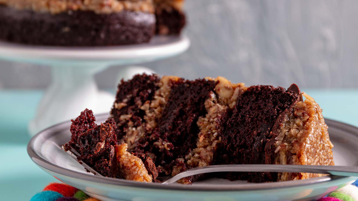 closeup of an old fashioned german chocolate cake.