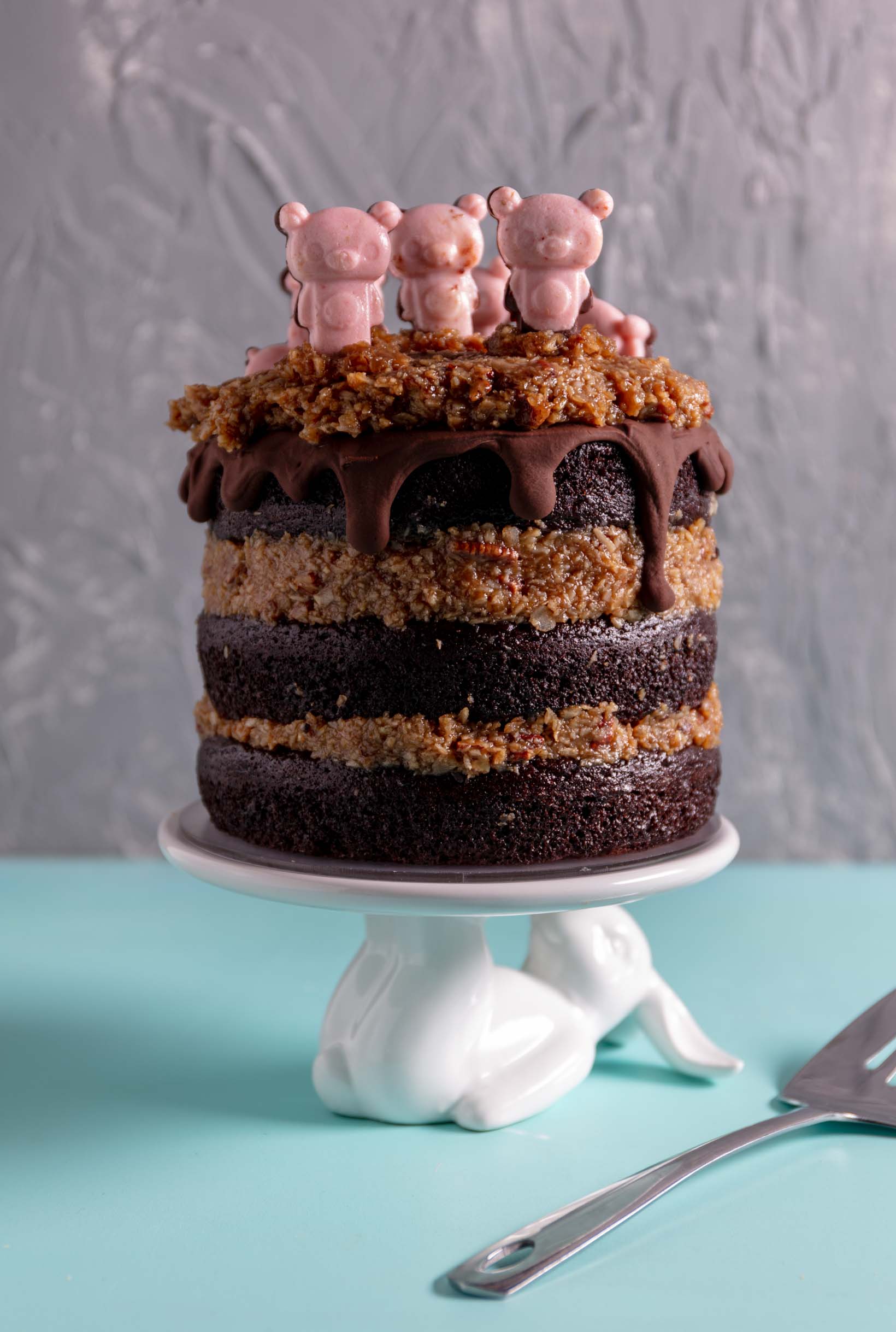 assembled and decorated vegan german chocolate cake