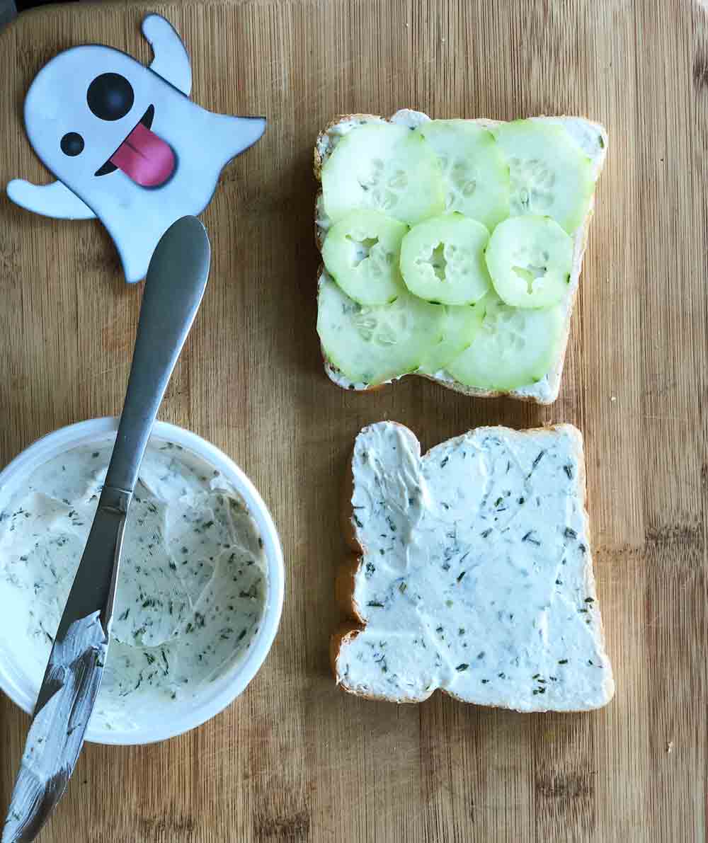 making vegan cucumber tea sandwiches