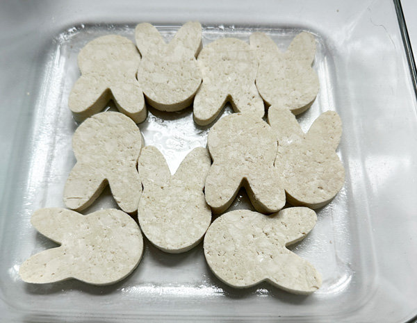 all the bunny shaped tofu in the baking dish