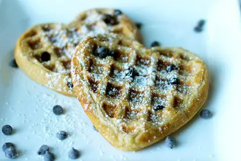 vegan coconut chocolate chip waffles with powdered sugar on top