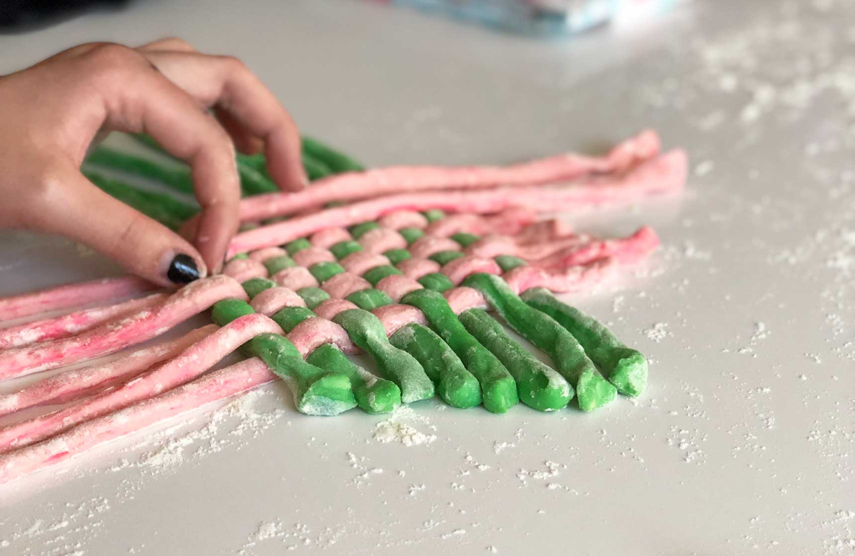 basket weaving colored garlic dough