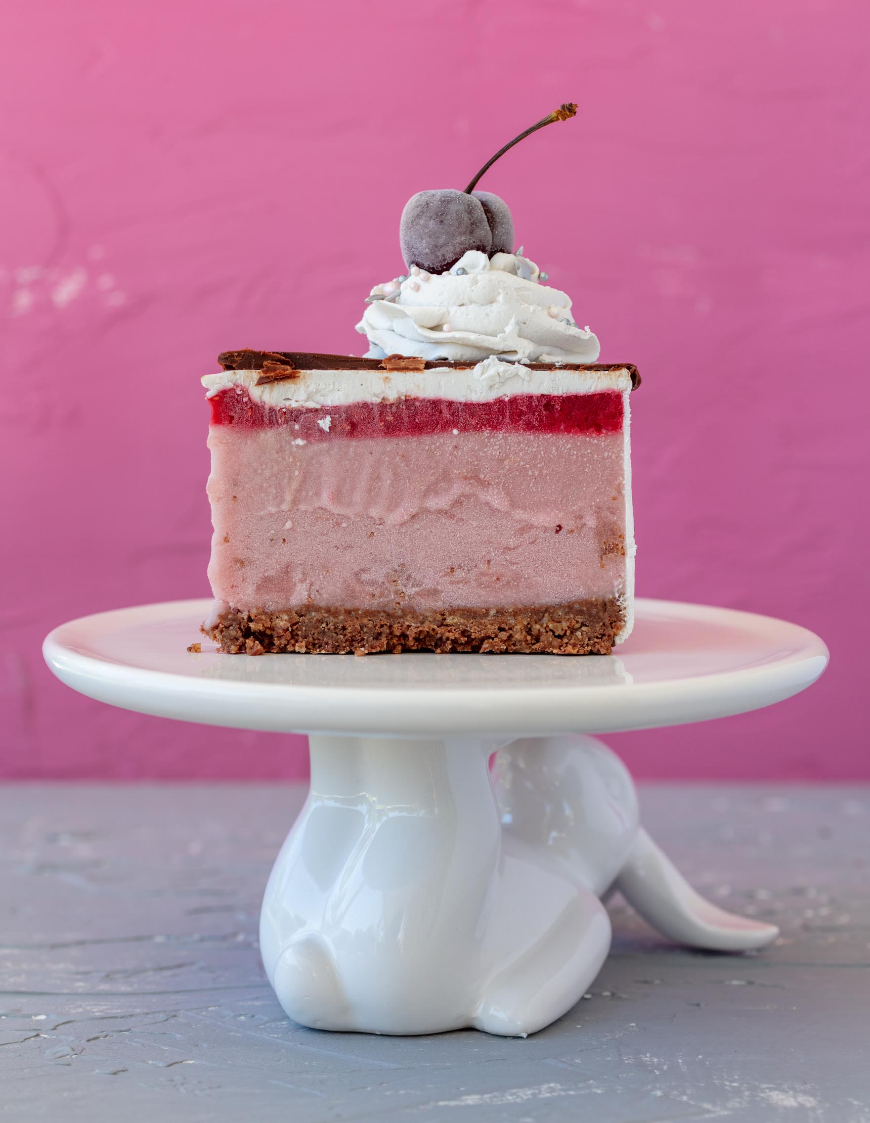 slice of vegan strawberry ice cream cake