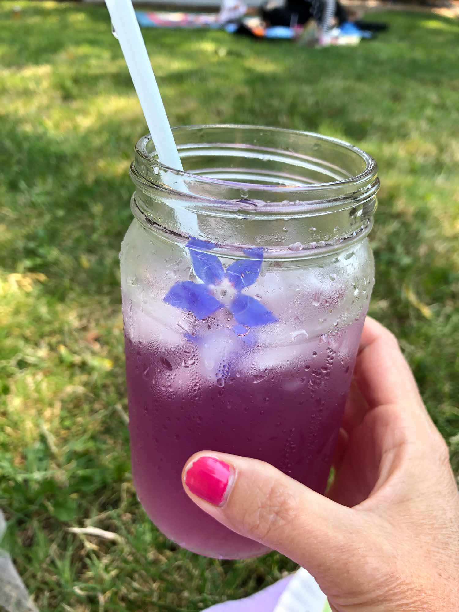 having some purple lemonade at a social distance picnic in my backyard