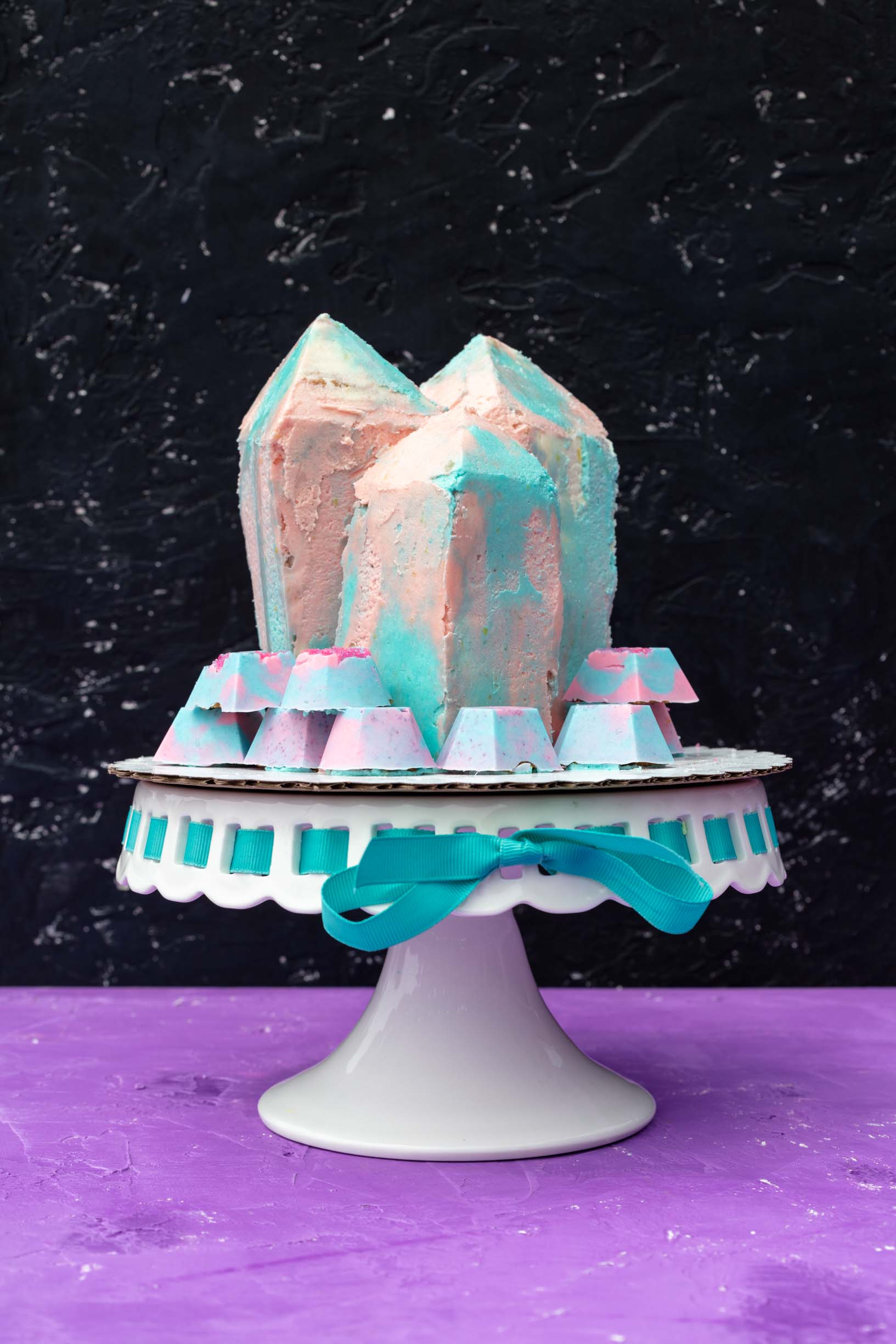 the other side of the vegan loquat crystal cluster cake with trans colored lemon frosting