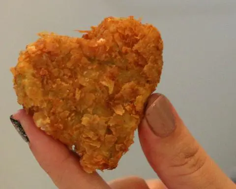 someone holding a vegan fried mac-n-cheese bite