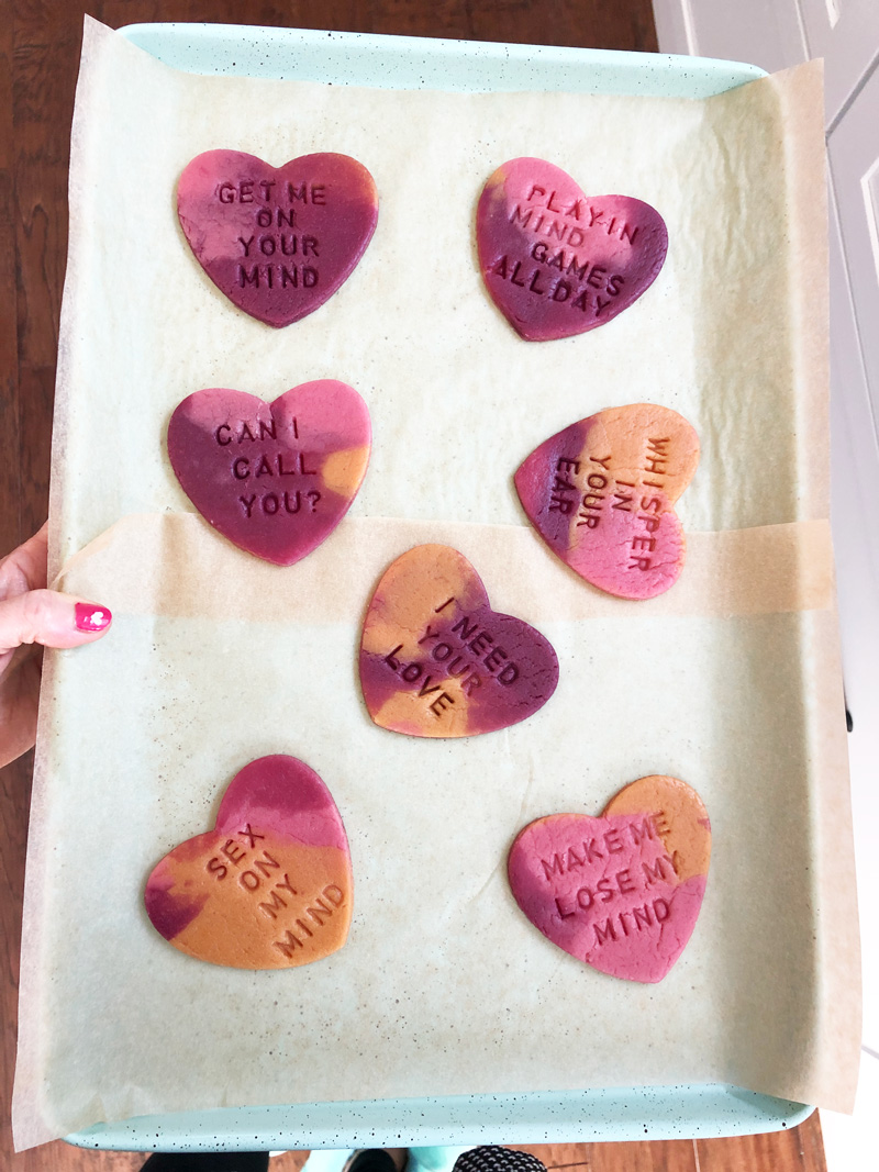 vegan conversation heart cookies ready to be baked