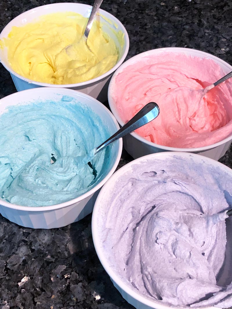 4 bowls of vegan pastel easter frosting