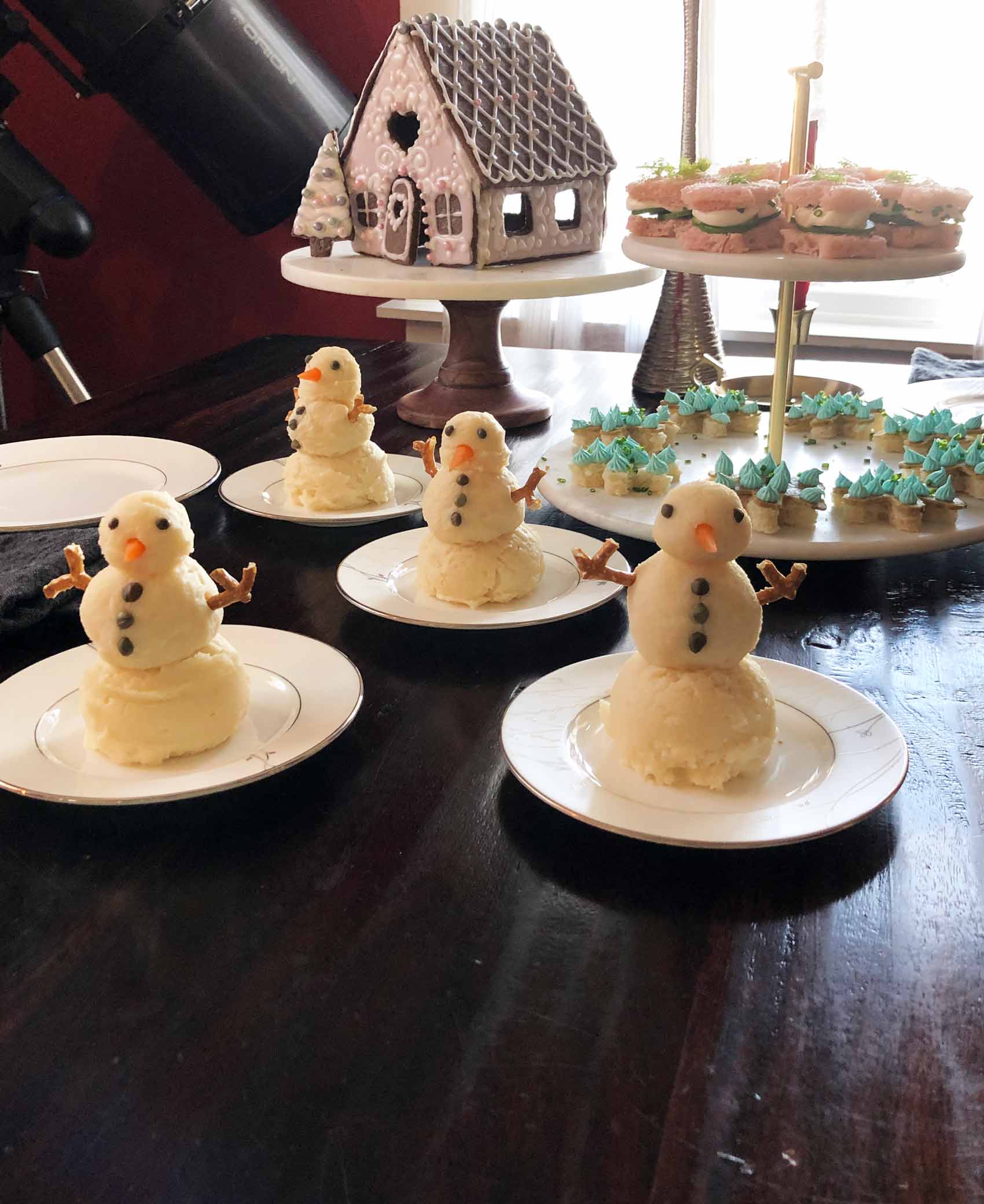 vegan mashed potato snow people at a tea party