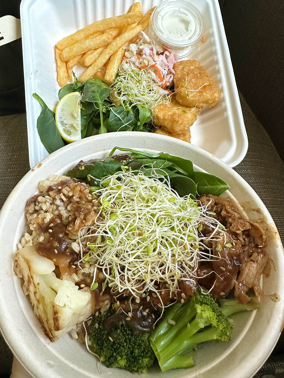 vegan fish and chips and a vegan bowl from Earth Aloha Eats in Kihei, Maui.