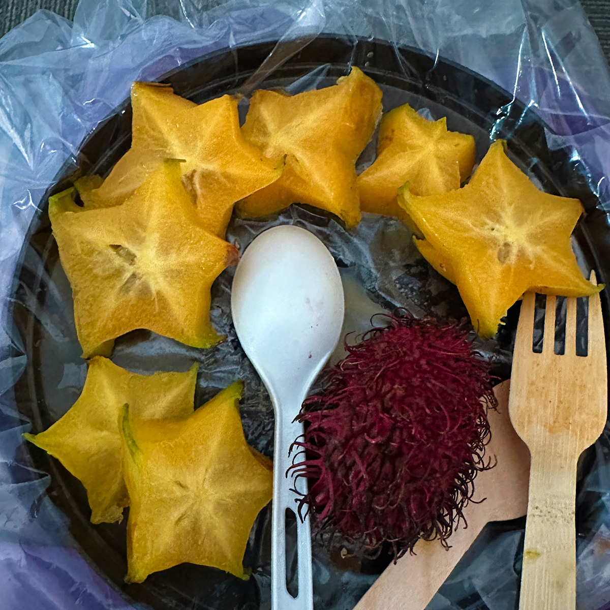 sliced starfruit with an unopened rambutan.